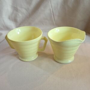 Hazel Atlas Milk Glass Yellow Ceramic Sugar Bowl And Creamer